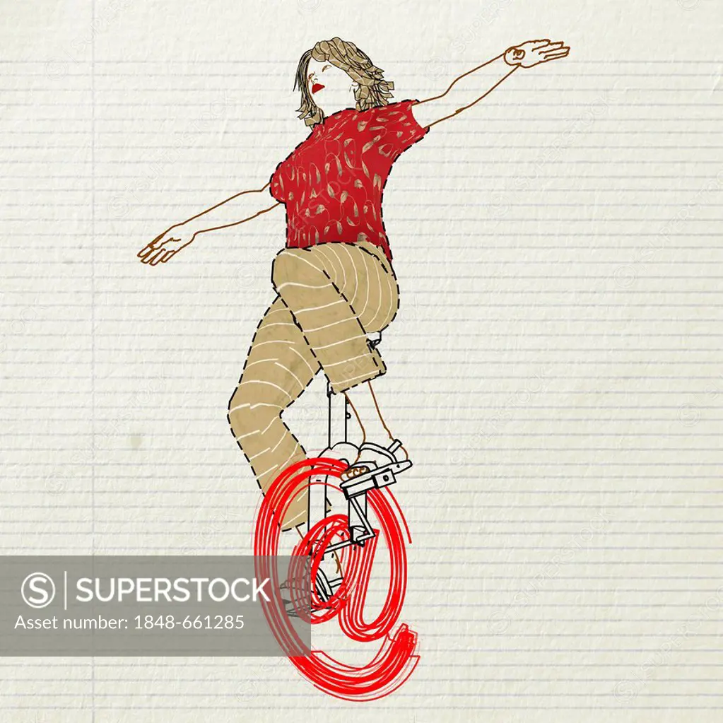 Woman cycling on an at symbol using it as a unicycle, symbolic image, internet surfer, illustration