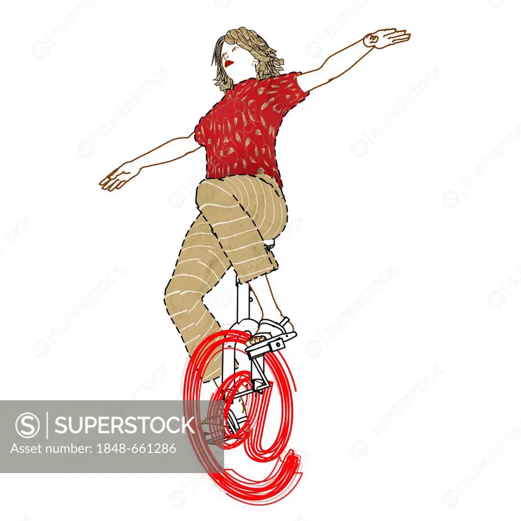Woman cycling on an at symbol using it as a unicycle, symbolic image, internet surfer, illustration