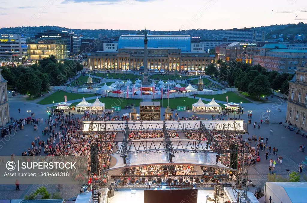 Aerial view of Schlossplatz square, SWR-Summer Festival as seen from the dome of the New Palace, Stuttgart, Baden-Wuerttemberg, Germany, Europe