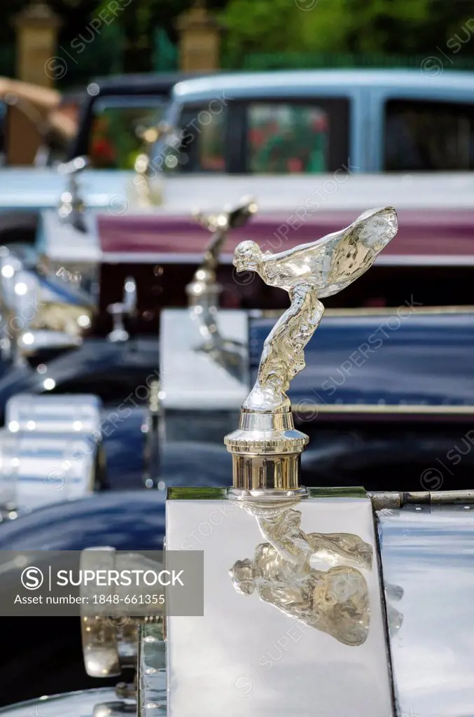 Row of Rolls-Royce radiator mascots Spirit of Ecstasy also known as Emily, Classics meets Barock classic car meeting, Ludwigsburg Palace, administrati...