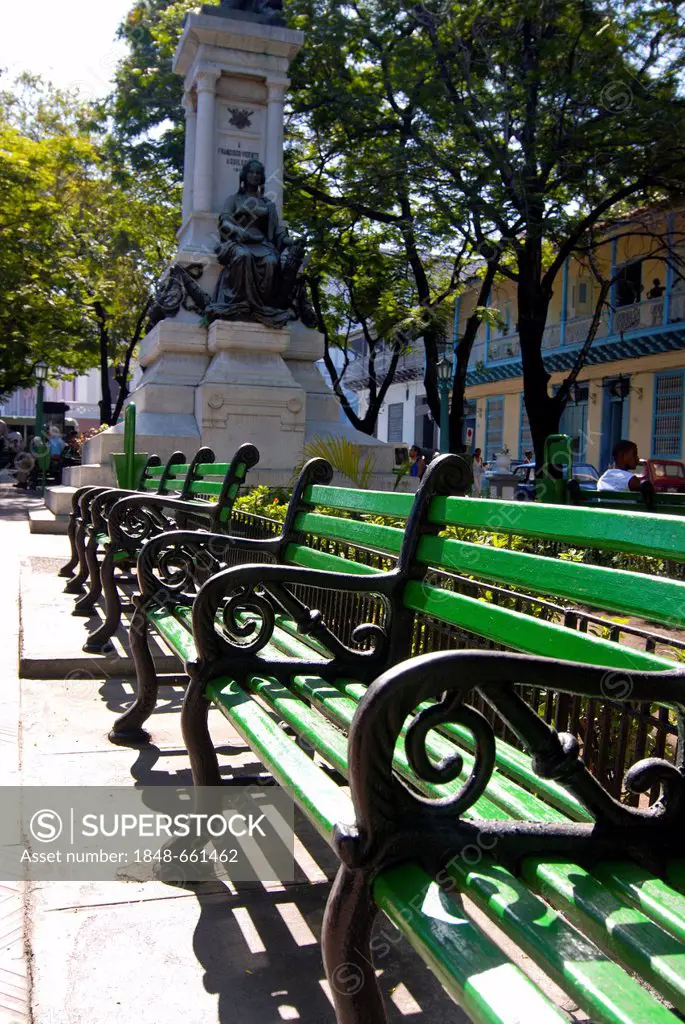 Green park benches, Santiago de Cuba, Cuba, Caribbean