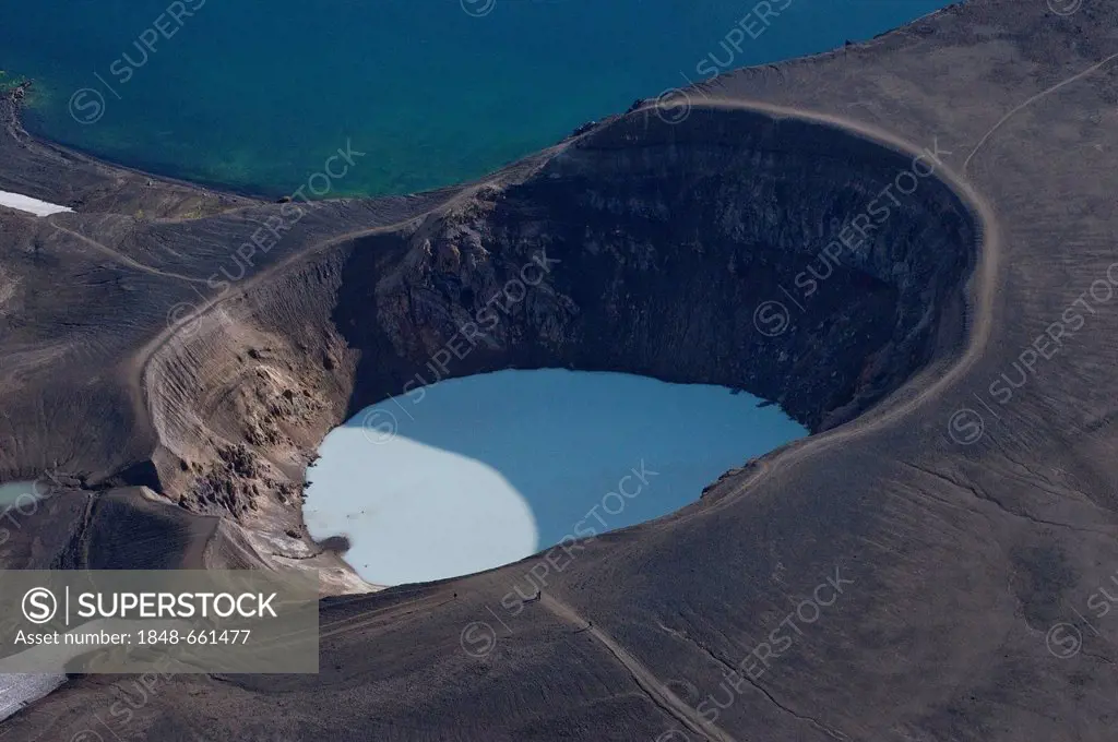 Aerial view, the Viti crater, next to the Oeskjuvatn, Askja Caldera, highlands, Iceland, Europe