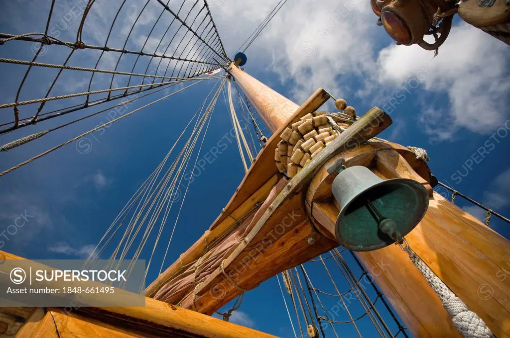 Mast of a historic sailing ship, Torshavn, Streymoy island, Faroe Islands, North Atlantic