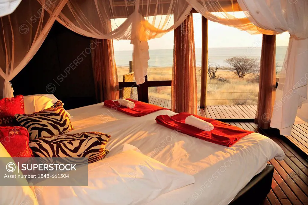 Luxury chalet of the Onkoshi Camp at the Etosha Pan, Etosha National Park, Namibia, Africa