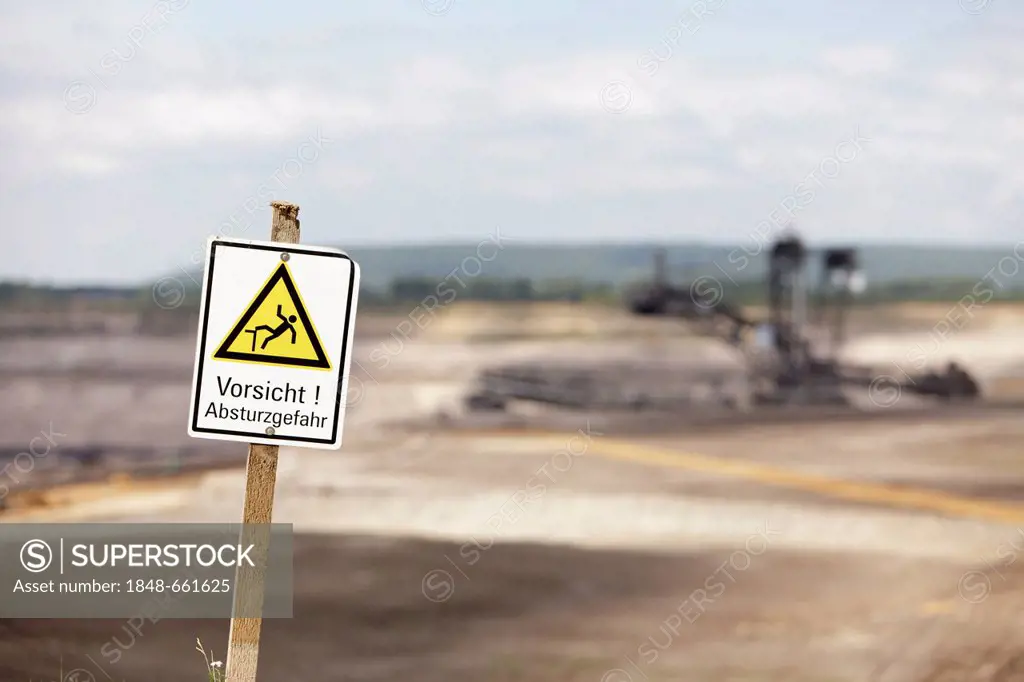 Warning sign, Inden open-cast lignite mine of RWE Power AG, community of Inden, Dueren district, North Rhine-Westphalia, Germany, Europe