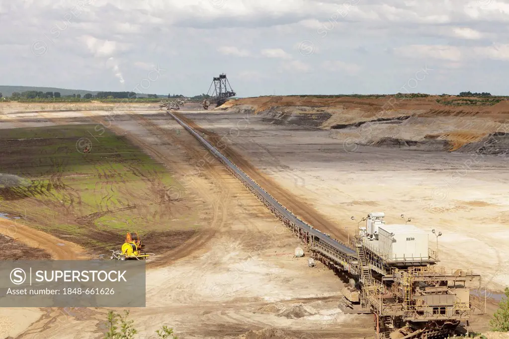 Conveyor belt, Inden open-cast lignite mine of RWE Power AG, community of Inden, Dueren district, North Rhine-Westphalia, Germany, Europe
