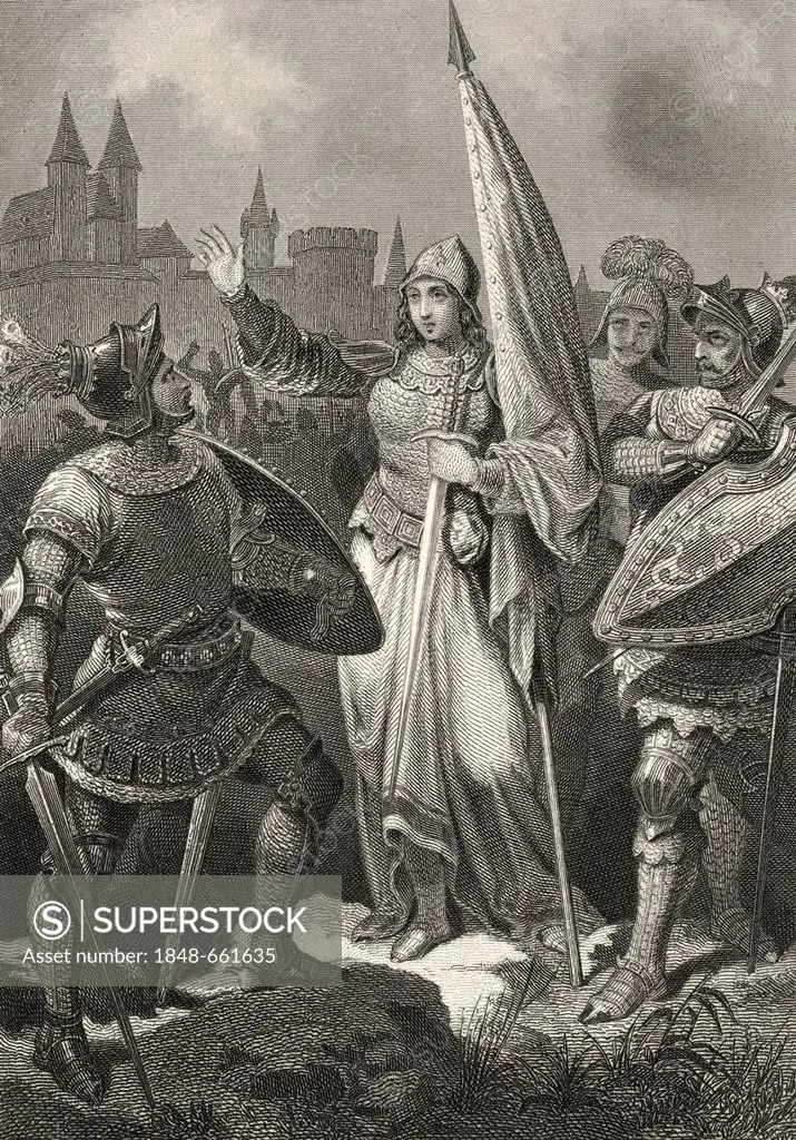 Historic steel engraving by Ferdinand Rothbart, 1823 - 1899, a German illustrator, Joan of Arc or Jeanne d'Arc, 1412 - 1431, scene from The Maid of Or...