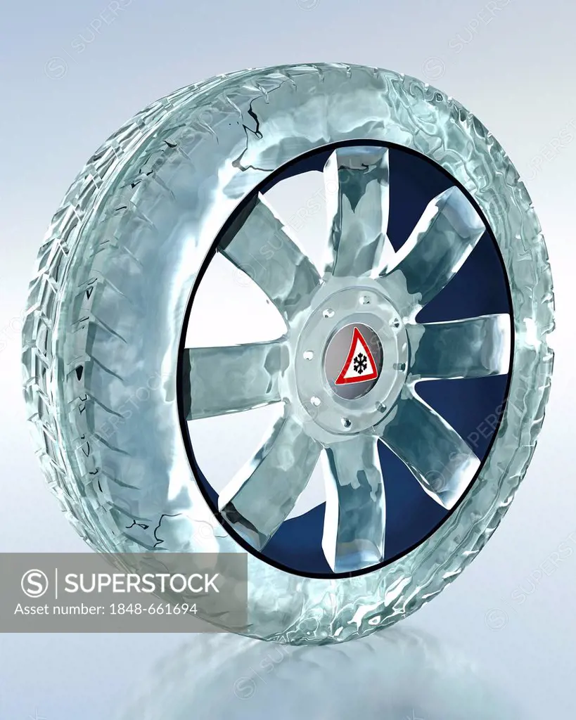 Car tyre made of ice, symbolic image for the mandatory use of winter tyres