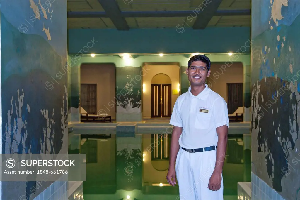 Lifeguard at the pool hall of the Palace Hotel, Umaid Bhavan Palace, Jodhpur, Rajasthan, India, Asia
