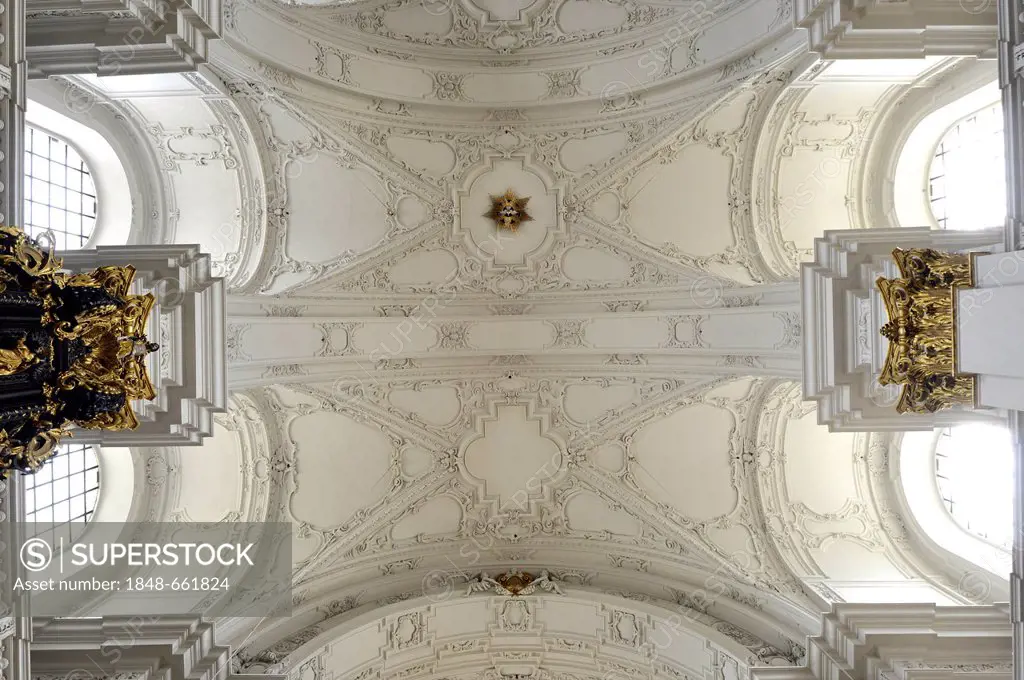 Stucco, ceiling construction, old cathedral, Ignatiuskirche church, cultural monument, interior view, Linz, Upper Austria, Austria, Europe