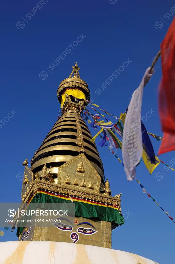 Swayambhunath Stupa, prayer flags, Kathmandu, Kathmandu Valley, Nepal, Asia