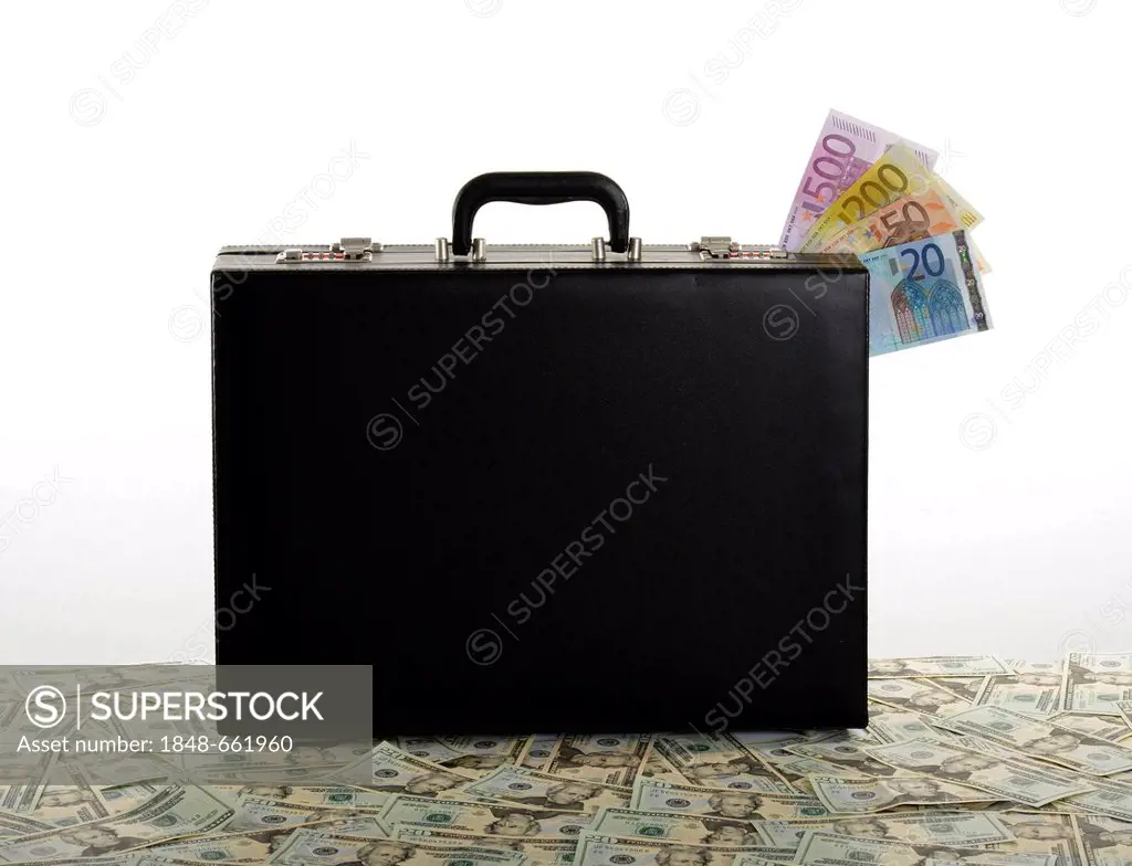 Symbolic image for exchange rate, international business, trade balance, 20 dollar bills, euro, briefcase, suitcase full of money