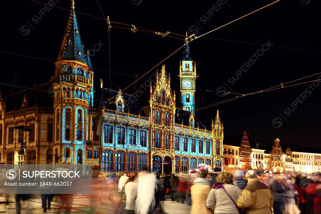 Moving projections on the Post Plaza building on Korenmarkt square, Ghent Light Festival, East Flanders, Belgium, Europe