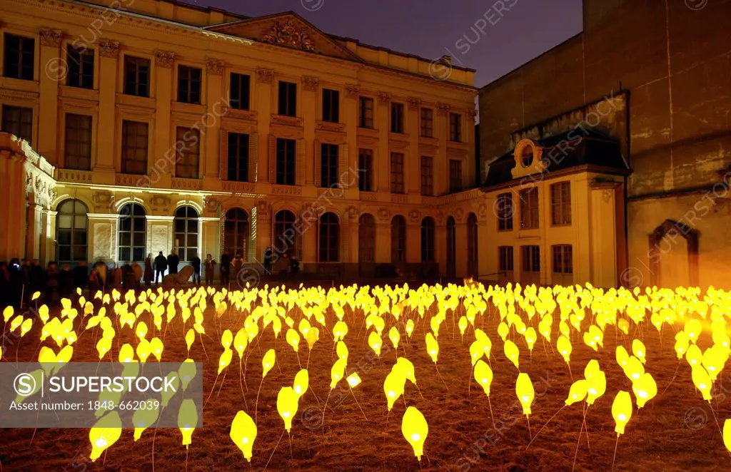 3000 glowing artificial flowers on the Steenhuyze on Veldstraat street, Ghent Light Festival, East Flanders, Belgium, Europe