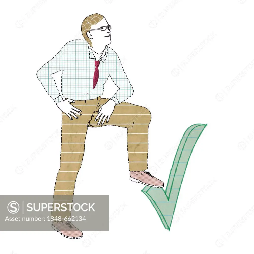 Man leaning on a green check mark, ticked off, illustration