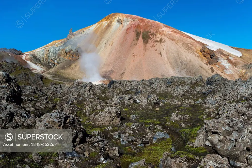 Brennisteinsalda volcano with the Laugahraun lava field, rhyolite mountains, Landmannalaugar, Fjallabak Nature Reserve, Highlands, Iceland, Europe
