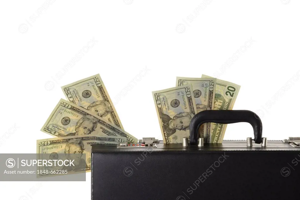 Briefcase, suitcase full of money, dollar bills