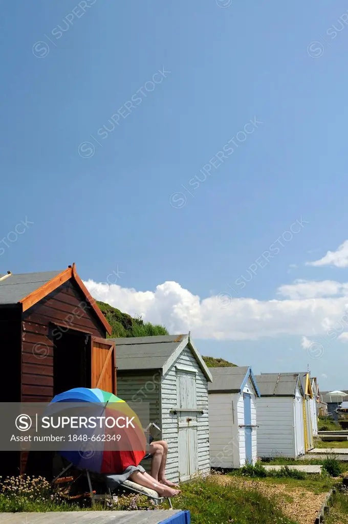 Beach huts on the beach of Milford on Sea, southern England, Great Britain, Europe