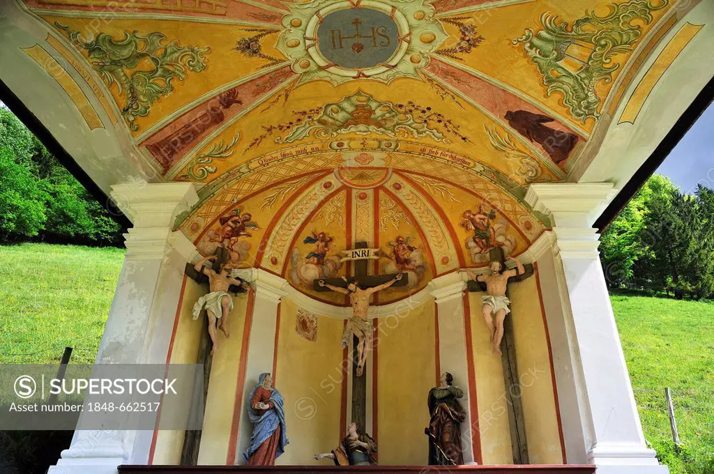 Inner vault with the three crosses of Golgotha, Kalvarienkapelle chapel, built in 1774, Ramsau, Upper Bavaria, Bavaria, Germany, Europe