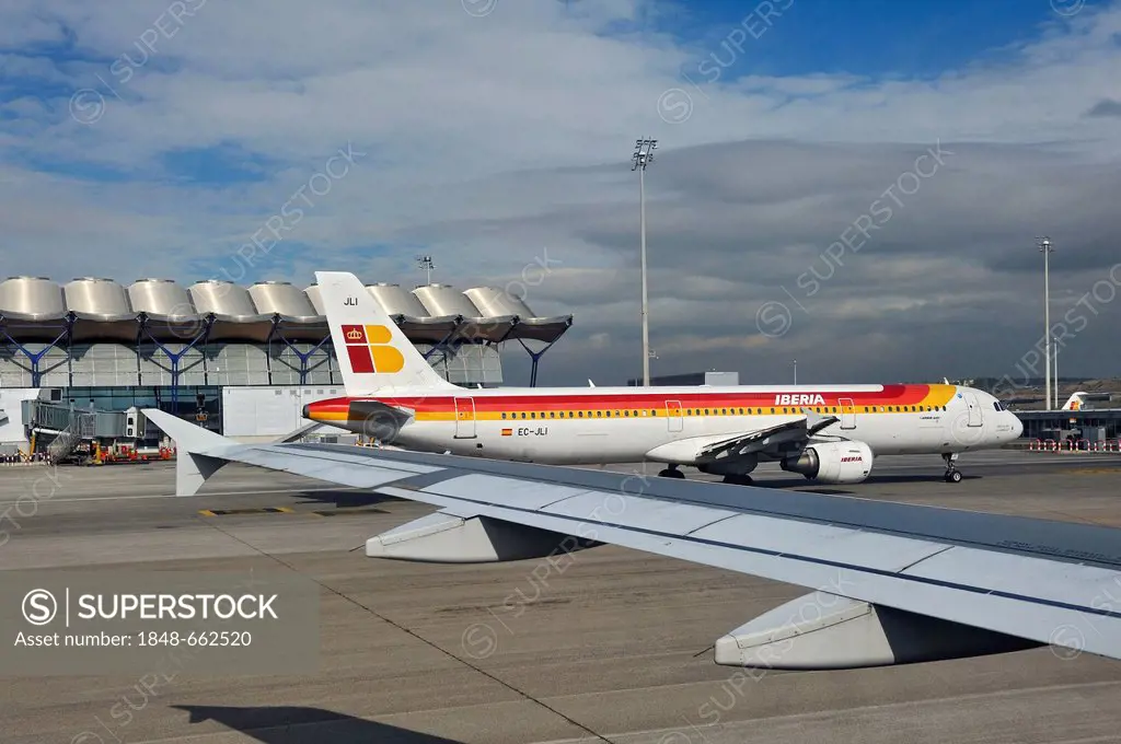 Madrid Airport, terminal and Airbus A321 of the airline Iberia, Spain, Europe