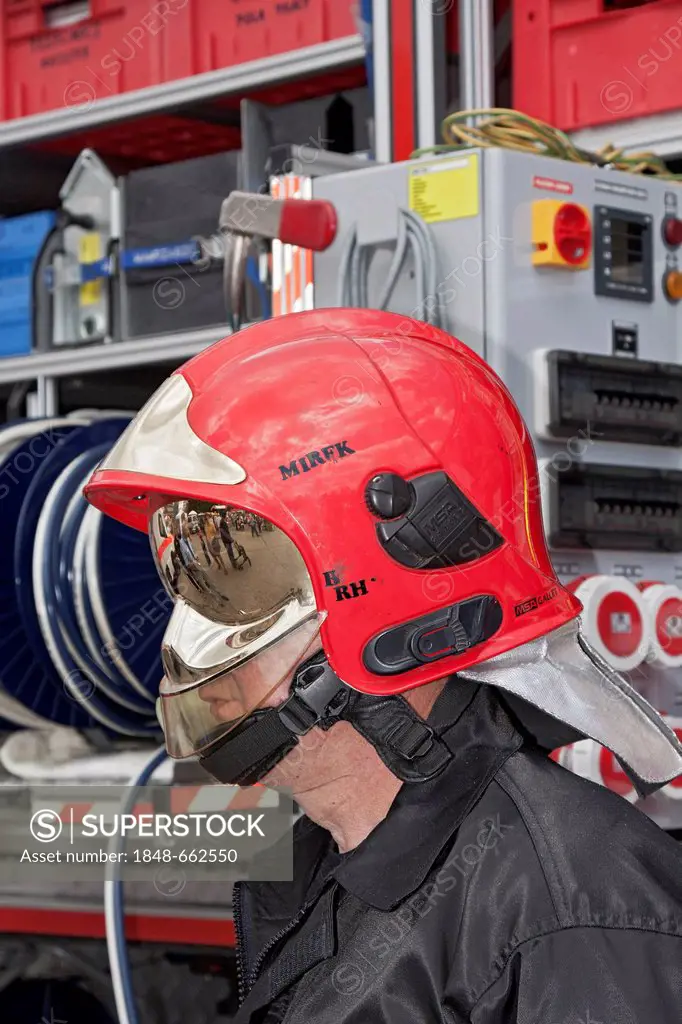 Fire fighter's helmet, hard hat, visor, heat protection, fire protection, professional fire department, firefighter, Poland, Europe