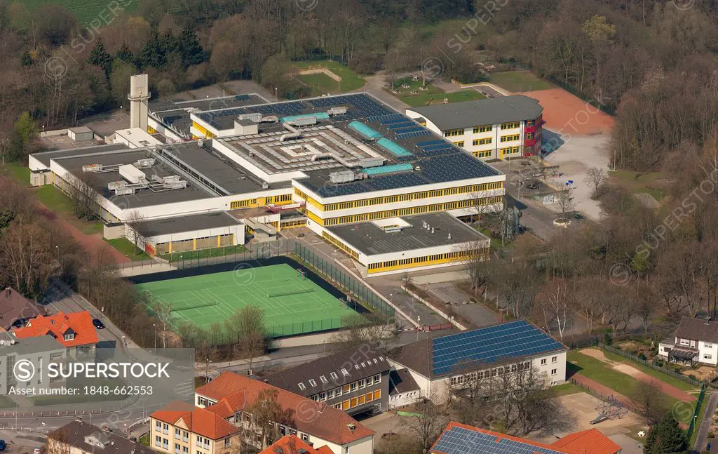 Aerial view, comprehensive school, Froendenberg Ruhr, Ruhr area, North Rhine-Westphalia, Germany, Europe