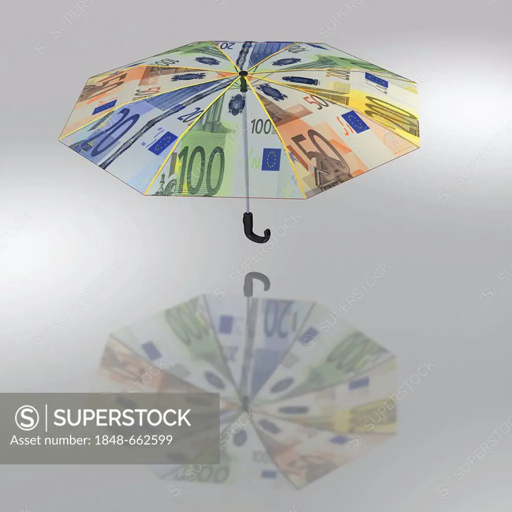 Umbrella decorated with euro banknotes, symbolic image of the euro rescue package, illustration