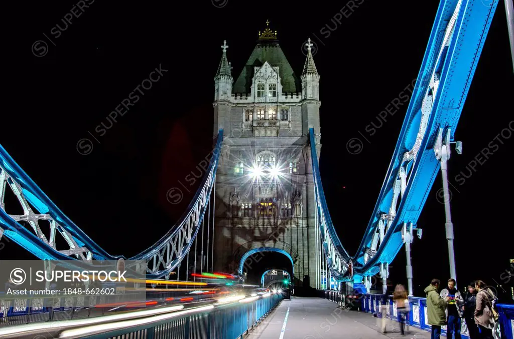 Illuminated Tower Bridge, at night, London, England, United Kingdom, Europe