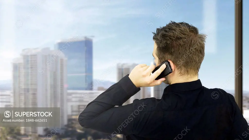 Young businessman speaking on his mobile phone in front of a window, a skyline at the back, seen from behind