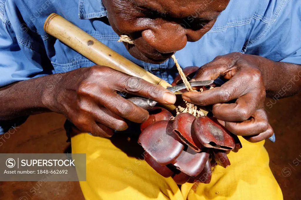 Production of traditional foot and hand rattles, Juju Rattles from Uyot, Bafut, Cameroon, Africa