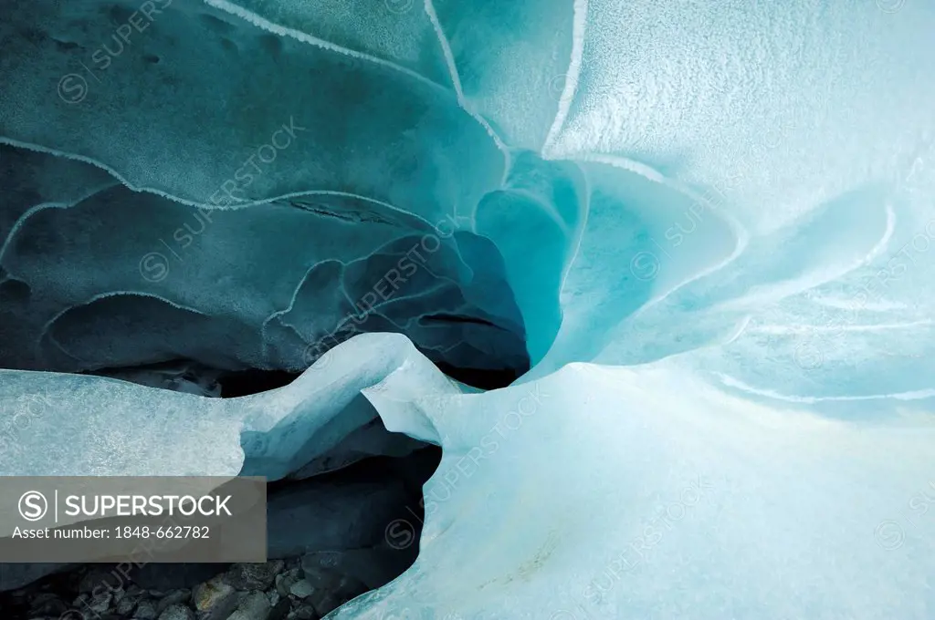Natural ice cave in the Zinal Glacier, Zinal, Valais, Switzerland, Europe