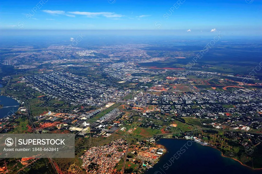 Retort city of Brasilia, build in the shape of an aircraft by city planner Lucio Costa and architect Oscar Niemeyer, aerial view, Brasilia, Distrito F...