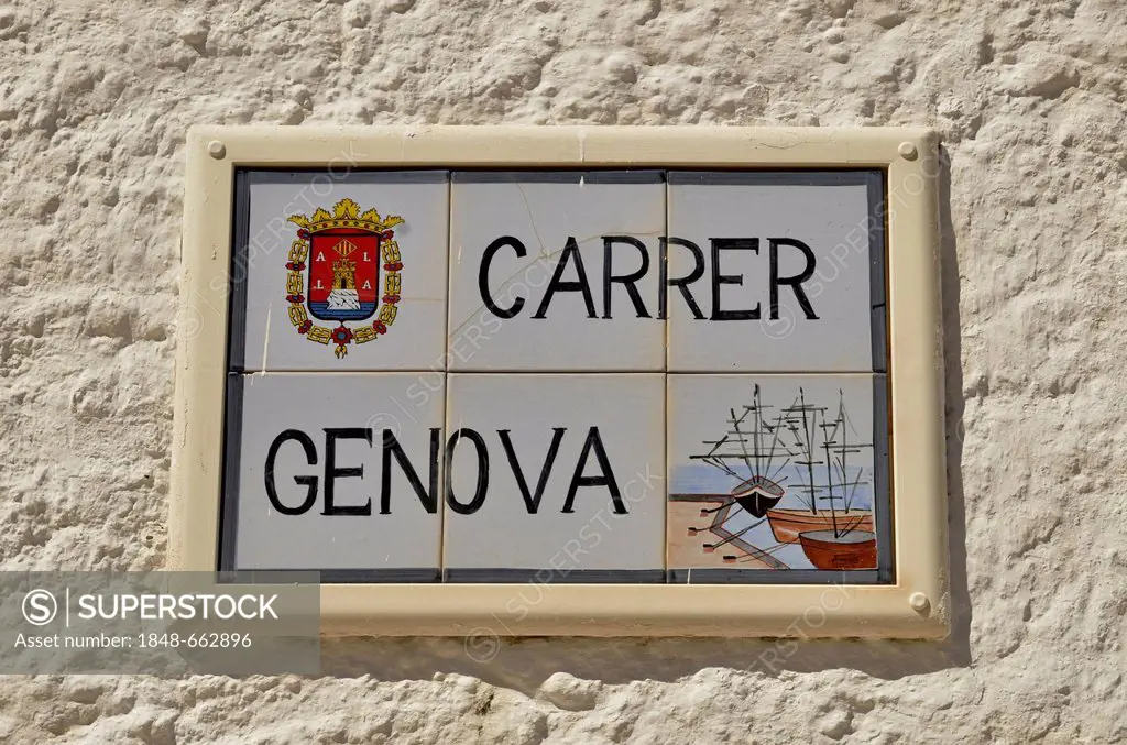 Sign Carrer Genova, Genoa Street, many of the inhabitants of Tabarca come from Genoa, Island of Tabarca, Isla de Tabarca, Costa Blanca, Spain, Europe
