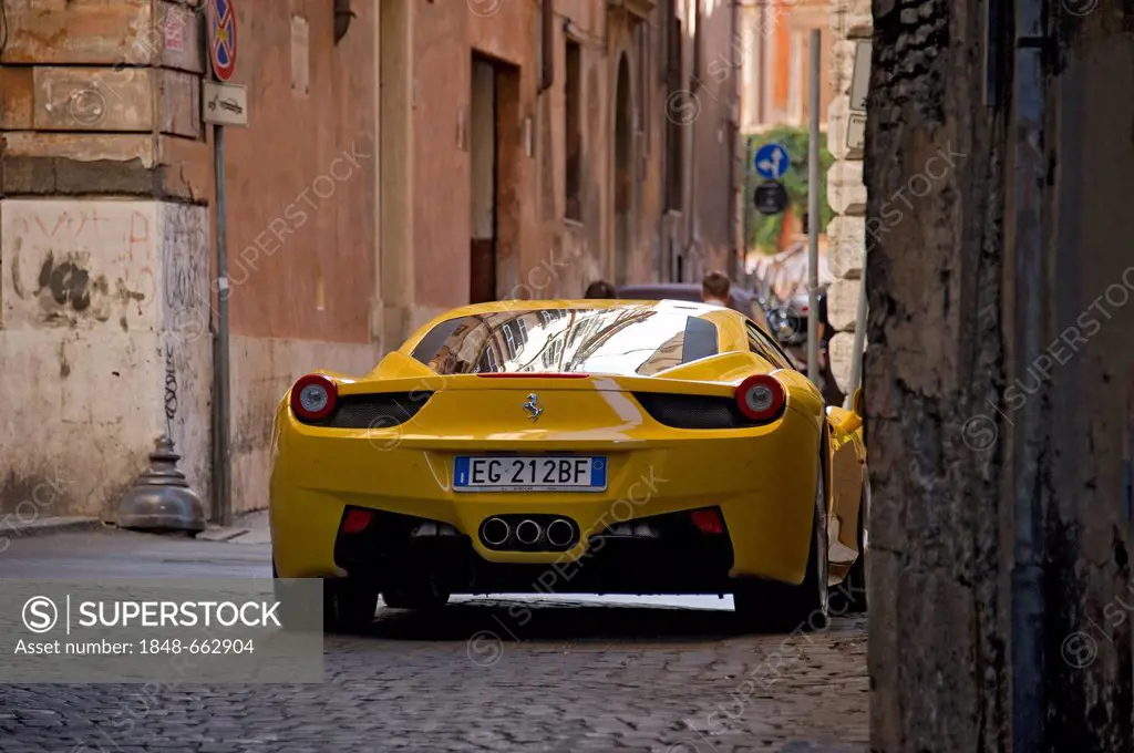Ferrari 458 Italia in an alley, historic district of Rome, Lazio region, Italy, Europe