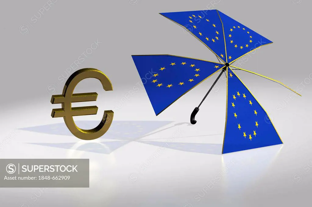 Euro symbol beside a damaged umbrella with EU stars, symbolic image of the euro rescue package, illustration