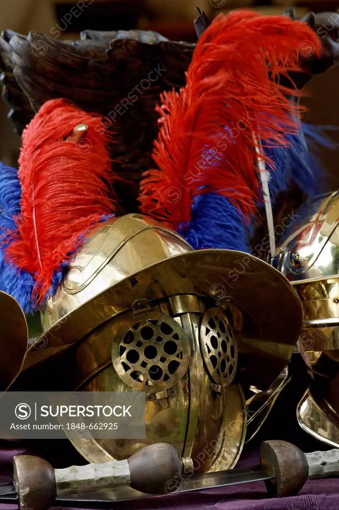 Roman helmet with visor, Gladiator Thraex, Roman Festival, Archaeological Park Xanten, Lower Rhine region, North Rhine-Westphalia, Germany, Europe