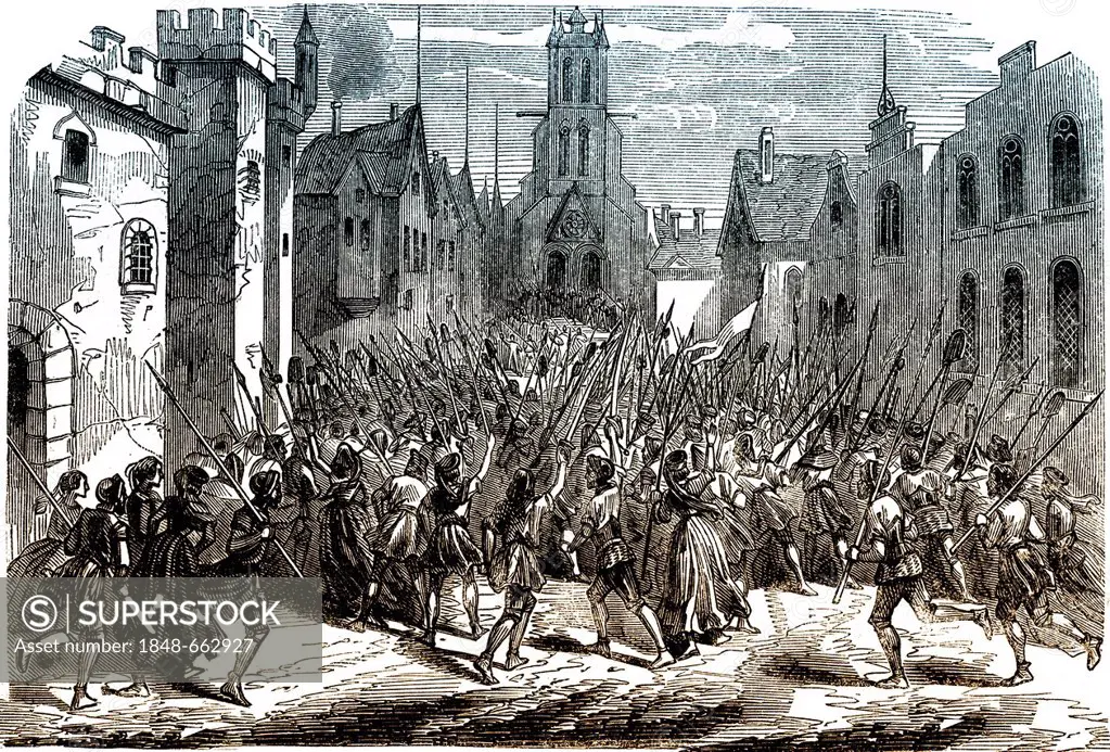 Historic drawing, 19th century, scene from the history of France, a revolt in a Frankish town in the 12th century