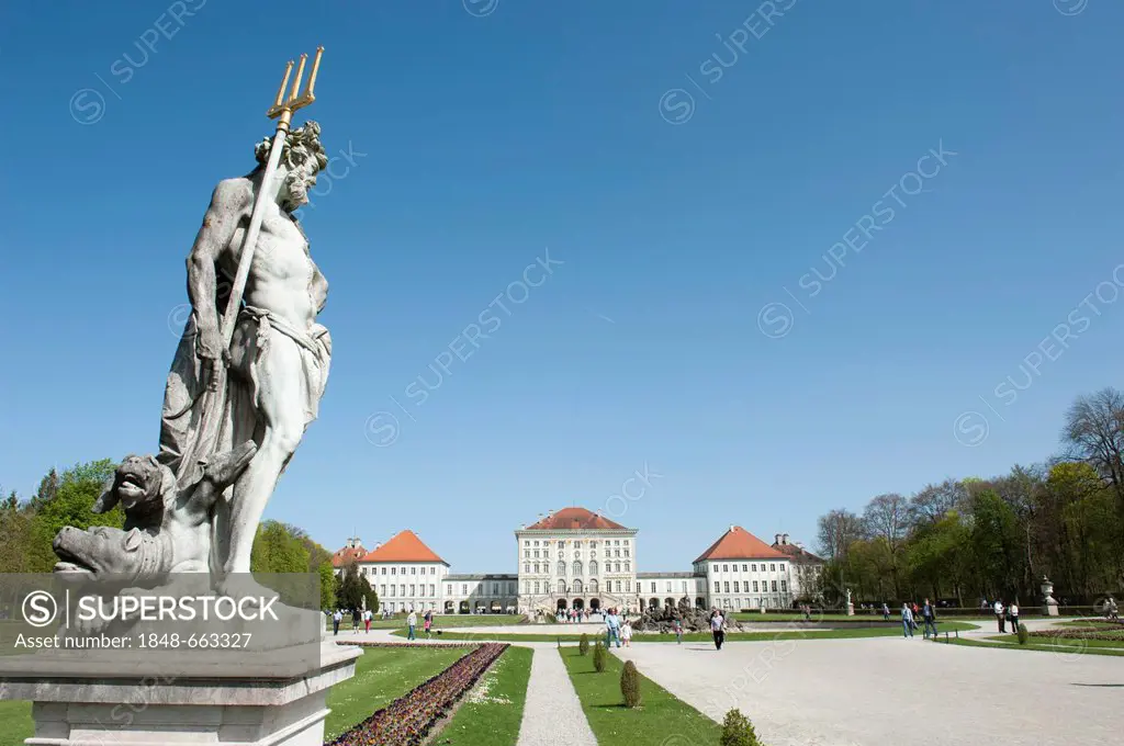 Sculpture of Hades, with Kerberos or Cerberus at his feet, Schlosspark, grounds of Schloss Nymphenburg Palace, summer residence of the Wittelsbach dyn...