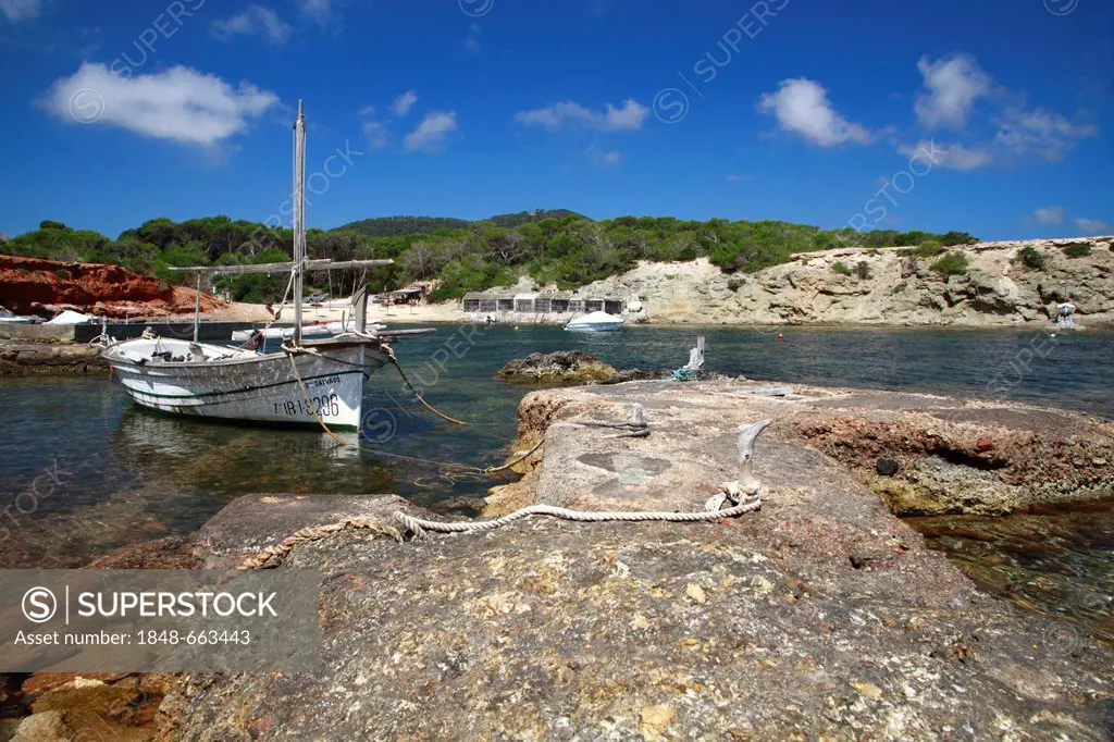 Traditional Ibizan fisherman's boat moored at the beach of Pou d'es Lleo, Ibiza, Spain, Europe