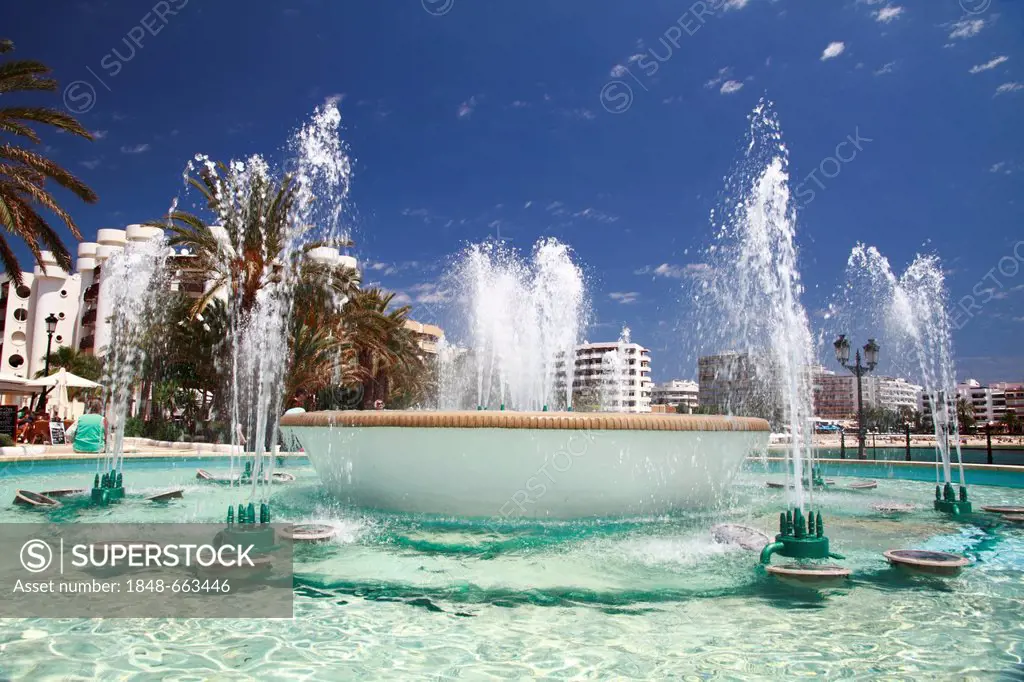 Fountain at the beach promenade of Santa Eulalia, Ibiza, Spain, Europe