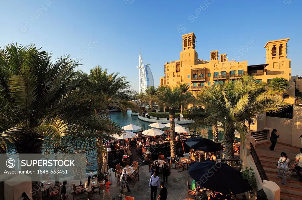 Burj al Arab, 7-star hotel, seen from the Souk Madinat, Jumeirah, Dubai, United Arab Emirates, Middle East
