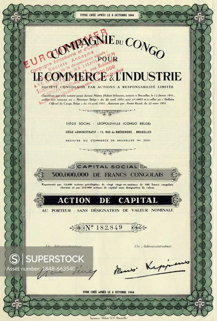 Historic security, colonial share certificate, trade and industry, 1944, Brussels, Belgium, Europe, Compagnie du Congo pour le Commerce and l'Industri...