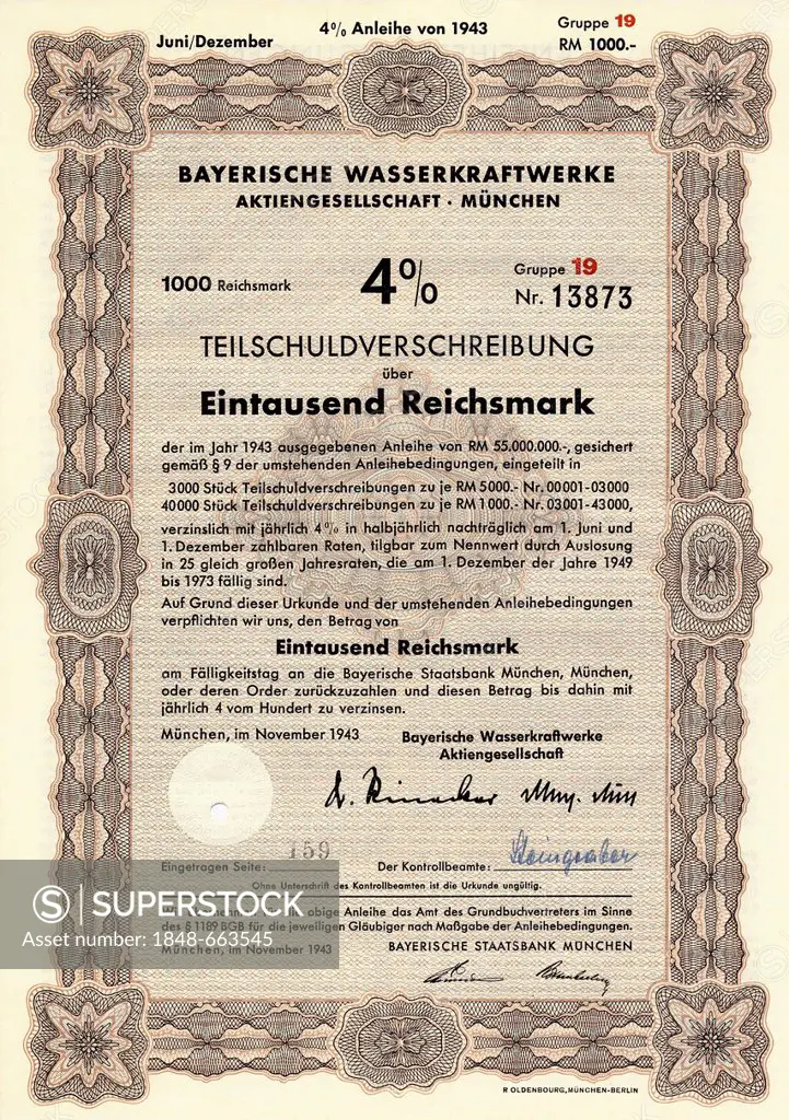 Historic stock certificate, obligation of the Bayerischen Wasserkraftwerke AG, Munich, water company, 1000 reichsmarks, 1943, Germany, Europe