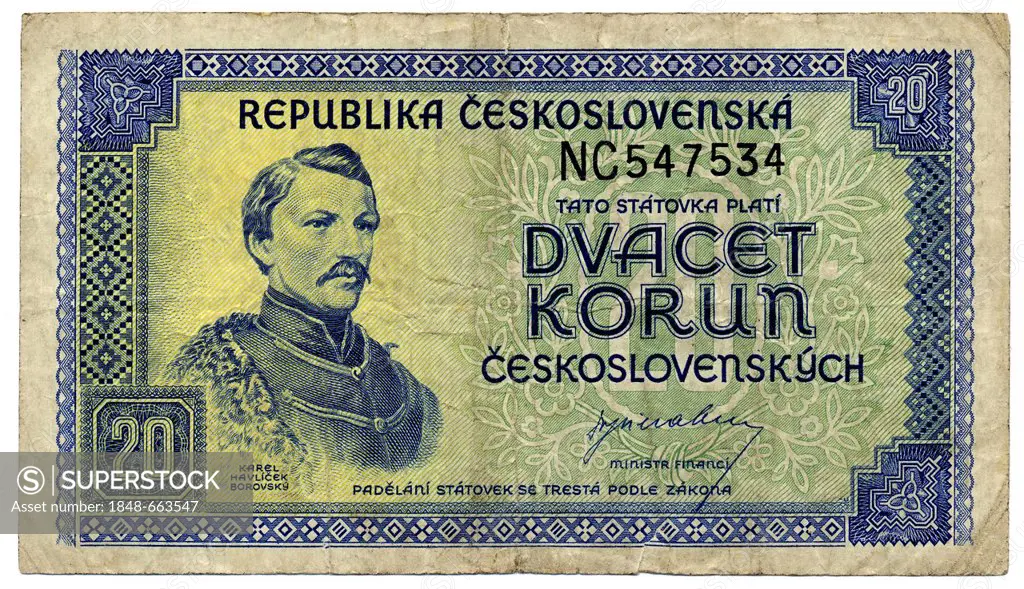 Historic banknote, 20 korunas, 20 koruns, image of the Czech poet Karel Havlicek Borovsky, 1945, Czechoslovakia, Europe