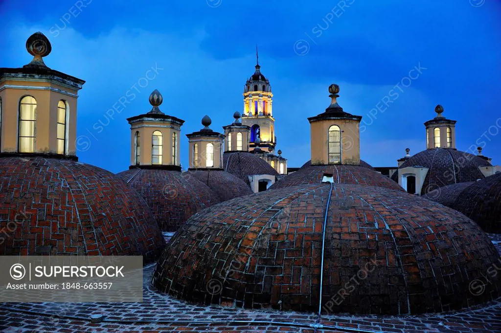 Roof of the monastery of San Gabriel, exterior view of the domes at night, San Pedro Cholula, Puebla, Mexico, Latin America, North America