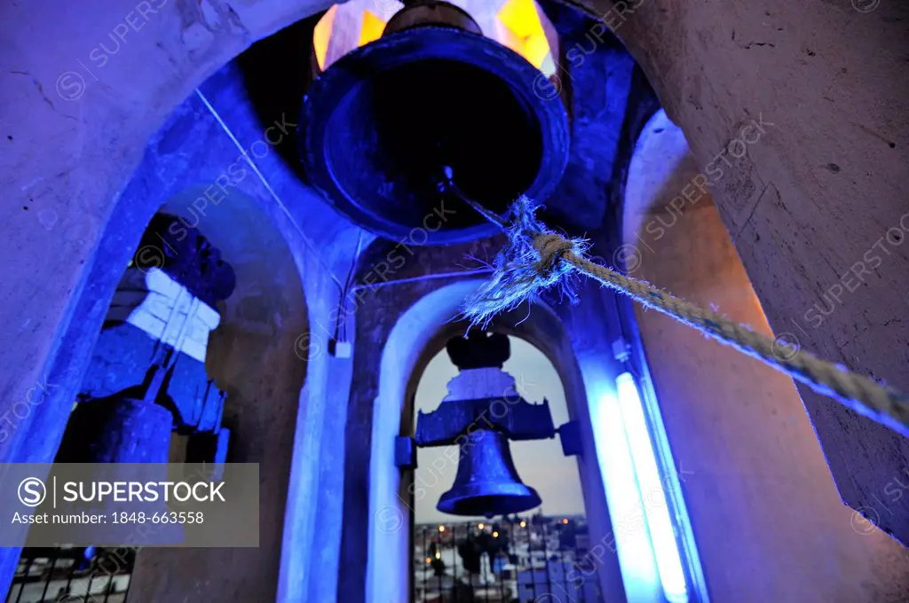 Illuminated bell of the monastery of Convento de San Gabriel, San Pedro Cholula, Puebla, Mexico, Latin America, North America
