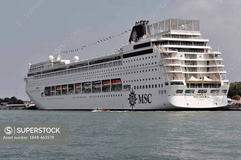 MSC Armonia, cruise ship, built in 2001, 251 metres, 1700 passengers, arriving in the part of Venice, Veneto, Italy, Europe