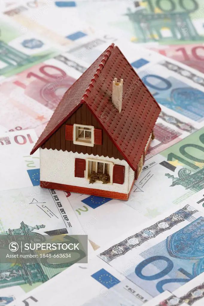 Miniature house standing on euro bank notes