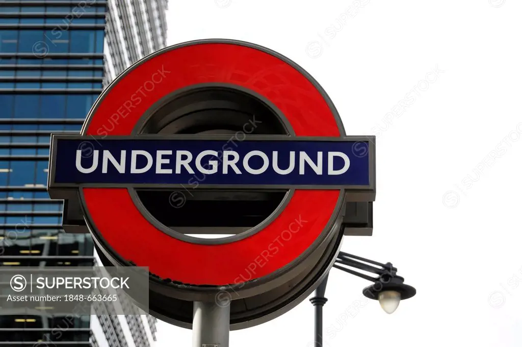 Logo on one of the Underground railway stations at Canary Wharf in London, England, United Kingdom, Europe