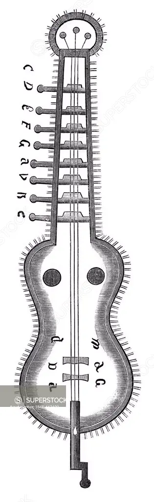 Historical drawing from the 19th century, Organistrum or hurdy-gurdy, from the 10th century